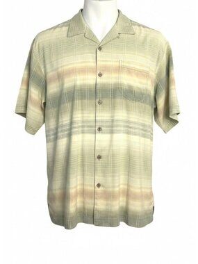 Vintage Tommy Bahama Short Sleeve Button-up Shirt Green Beige 100% Silk XL